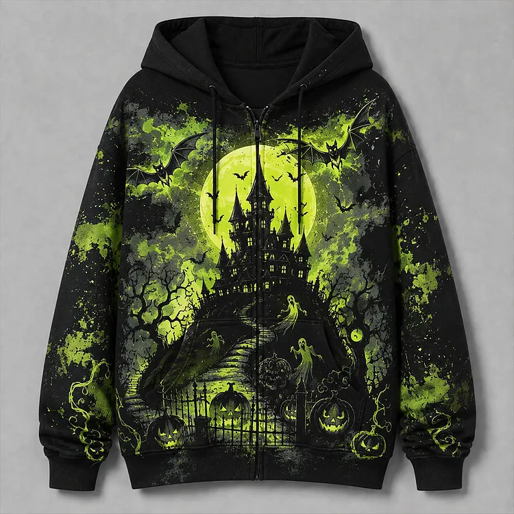 Men's Casual Full-zip Hooded Sweatshirt In Black And Neon Green Splatter With Haunted Castle, Full Moon, And Bats Print