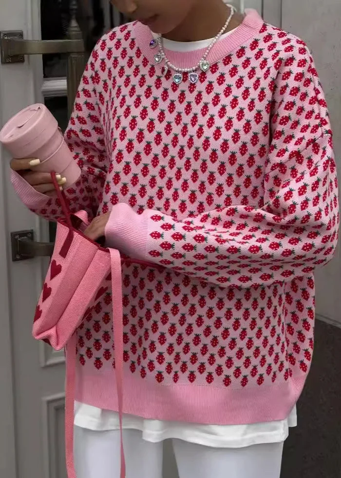 New Pink O Neck Jacquard Thick Knit Sweater Fall