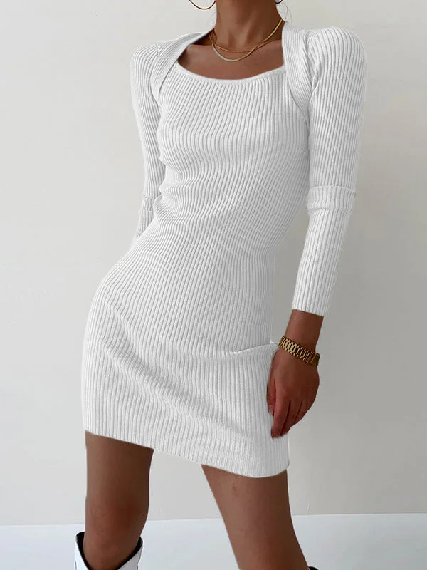 Women plus size clothing Women Long Sleeve Square Collar Solid Color Mini Dress Knit Sweater-Nordswear