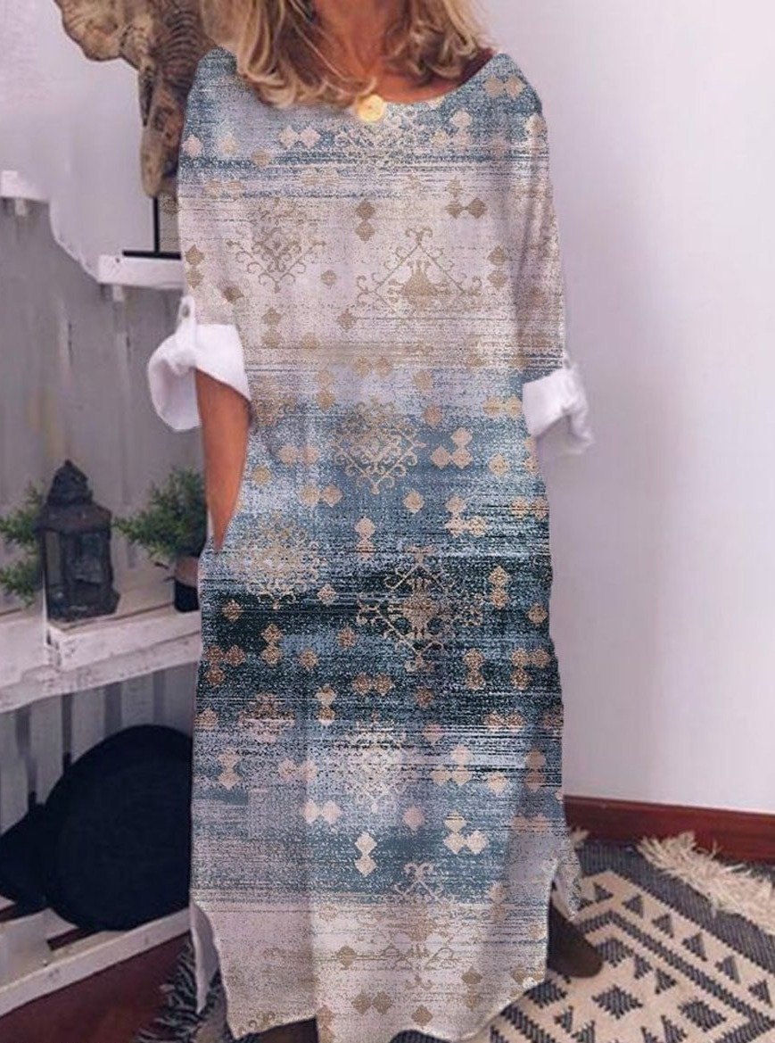Retro Print Casual Long Sleeved Maxi Dress
