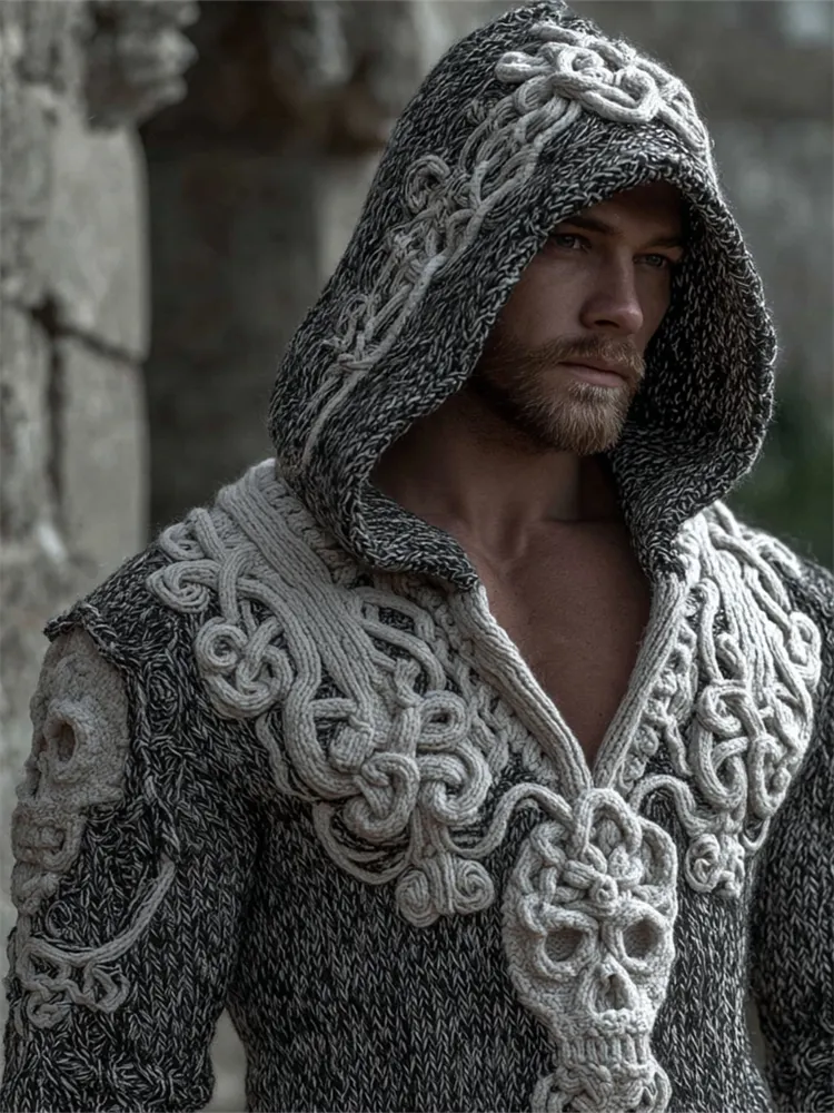 Men's Vintage Celtic Skulls Chunky Cozy Knit Hooded Sweater