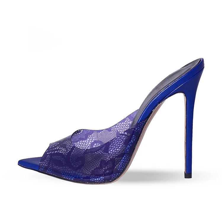 Blue & Purple Pointy Peep Toe Floral Print Upper High Heel Mules |FSJ Shoes