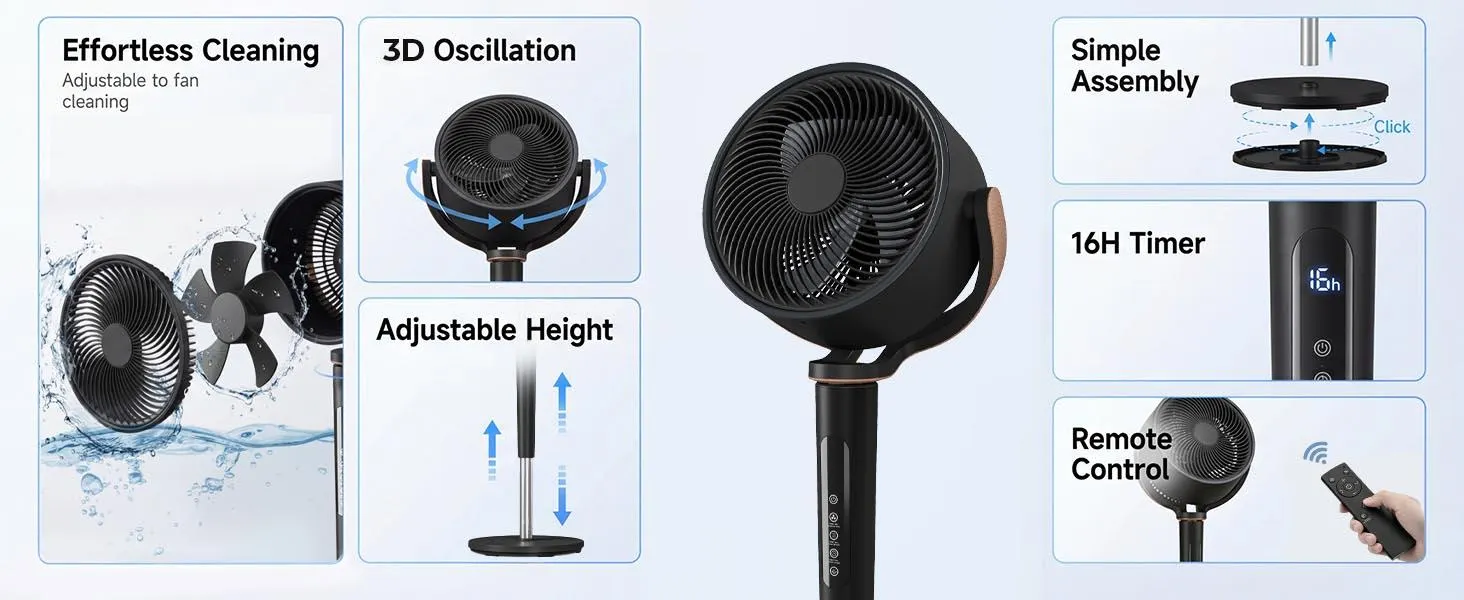 [dealsforyoudays]TEHANLD Fan for Bedroom, 120° Oscillating Standing Fans, Quiet Floor Fan with DC Motor, 100ft Pedestal Fans for Room, 16 Speeds, 4 modes, 20dB, 37-45" Adjustable Height, 12H Timer，With ambient lighting