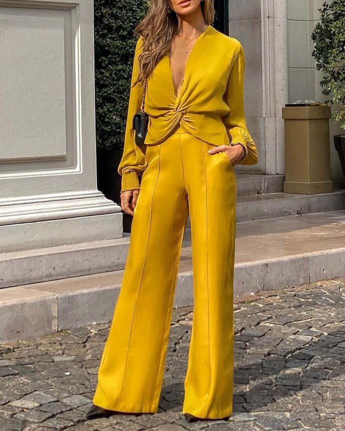 Twisted Solid Color Casual Two-Piece Set