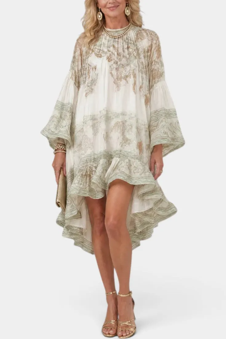 Baroque Print High Neck Flared Sleeve Dress with Asymmetrical Ruffle Hem