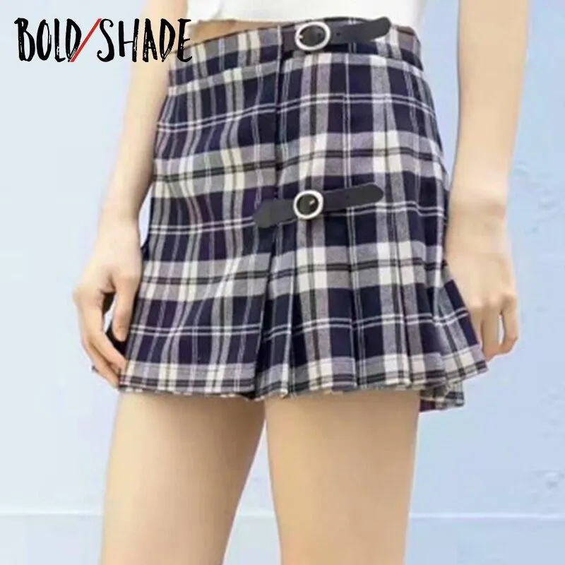 Bold Shade Vintage Streetwear 90s Style Y2K Pleated Skirts High Waist Mini Skirt Women Preppy Style Indie Skorts Autumn Hot