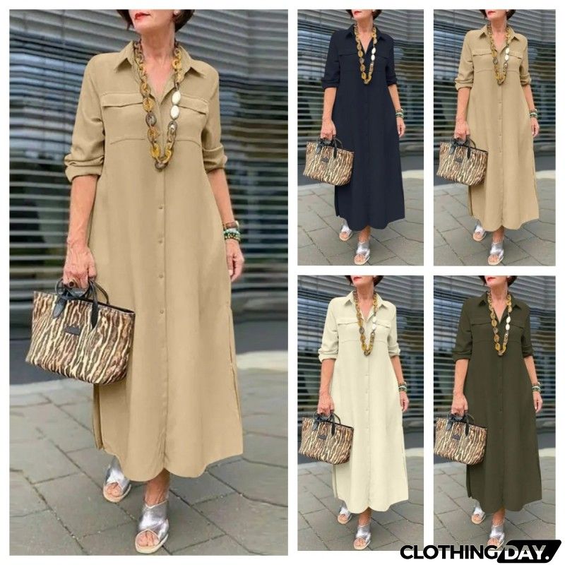 Women Fashion Casual Solid Color Long Sleeve Button Laps Plus Size Dress