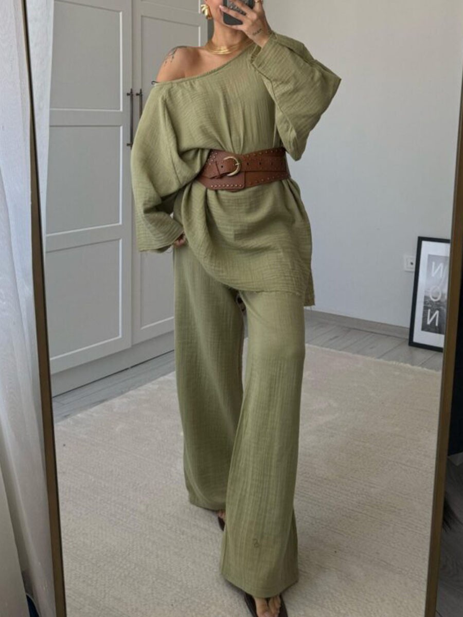 Wide collar casual cotton and linen two-piece set