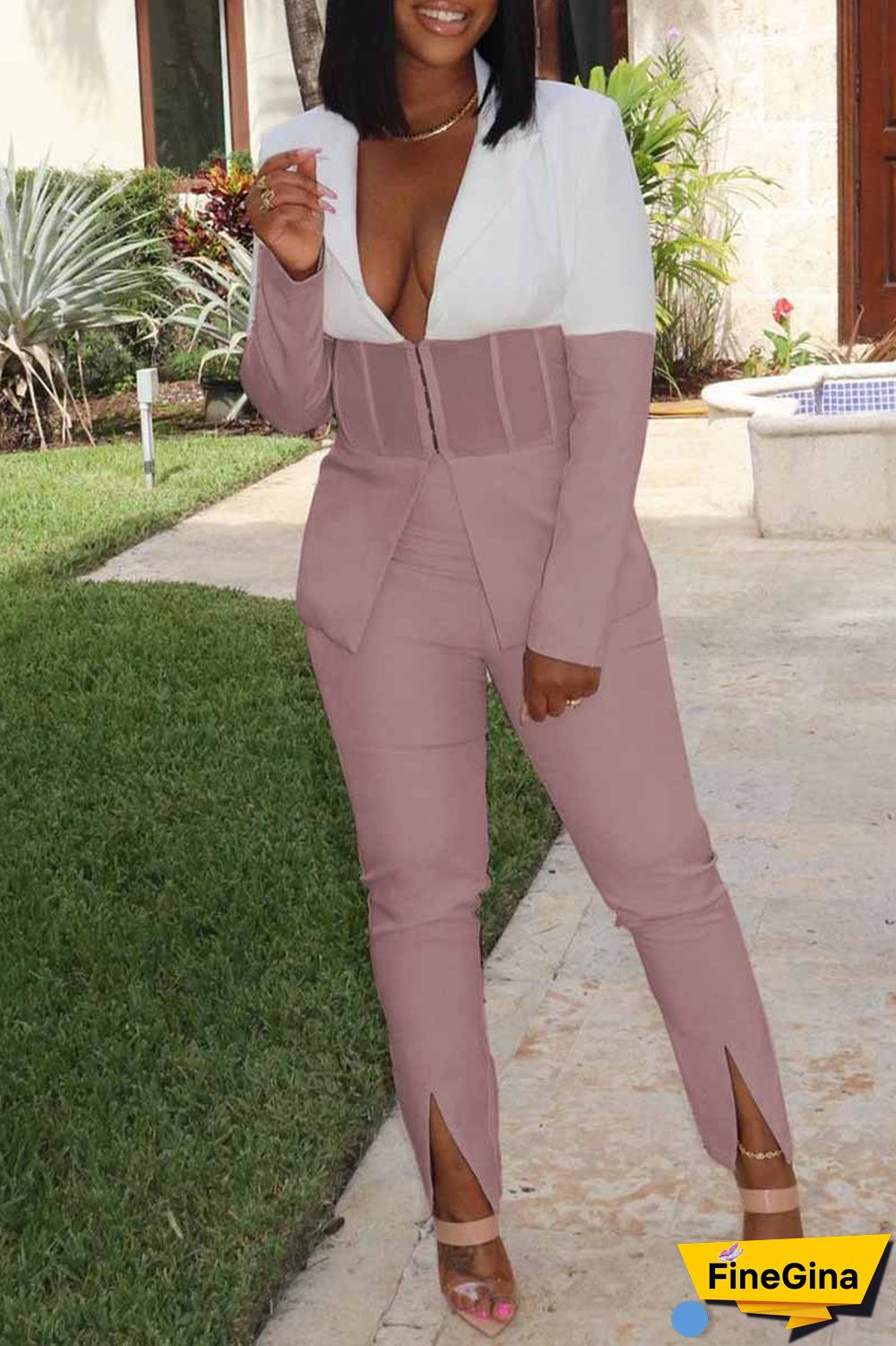 Pale Red Casual Patchwork Contrast Turndown Collar Long Sleeve Two Pieces