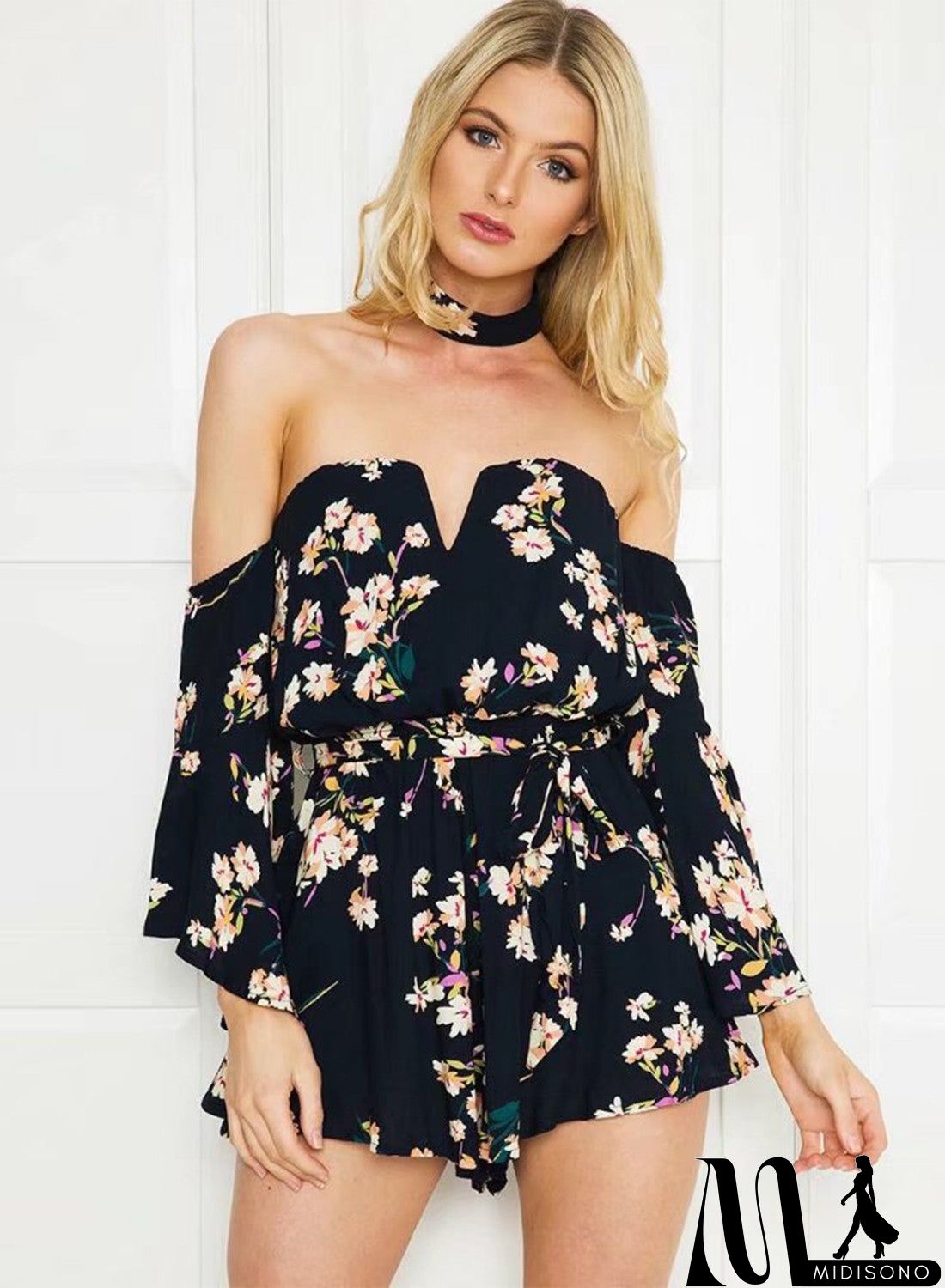 MidiSono - off Shoulder Flare Sleeve Loose Fit Floral Romper