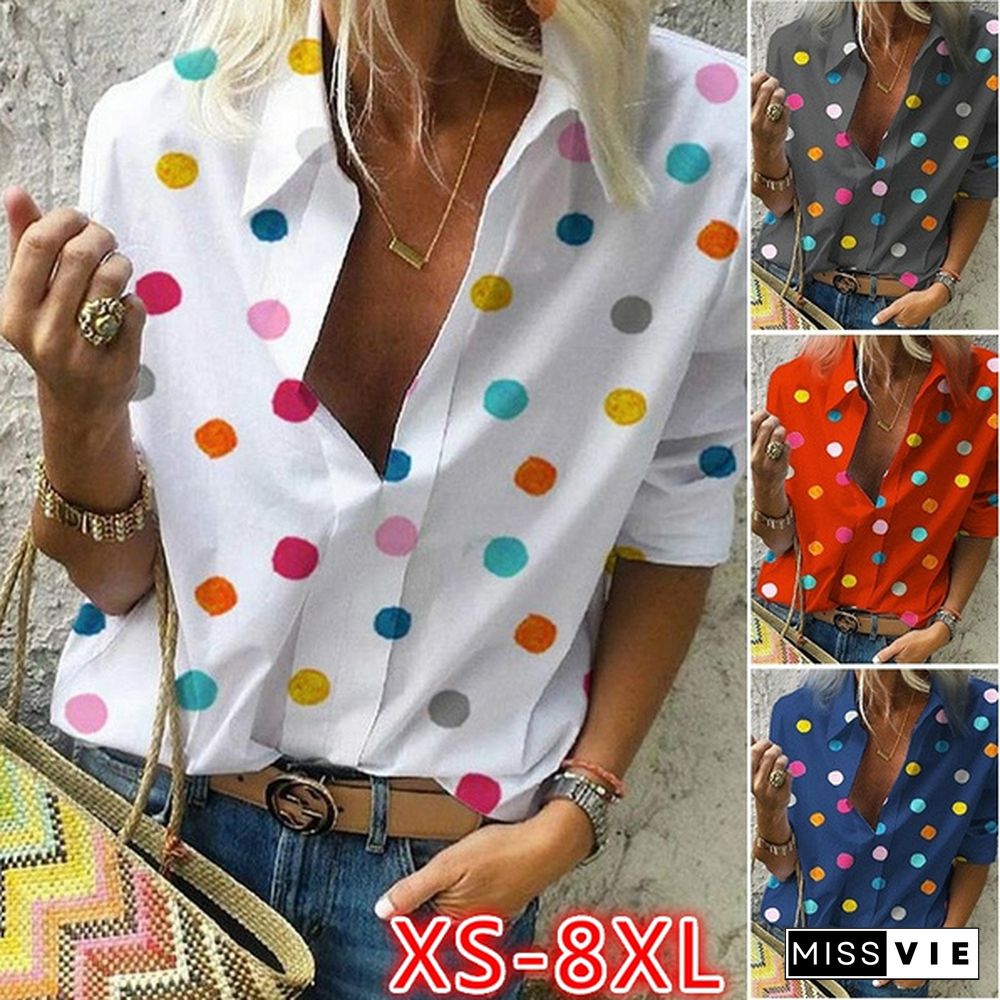 Women Long Sleeve Loose Casual Polka Dot Summer Shirts Blouse