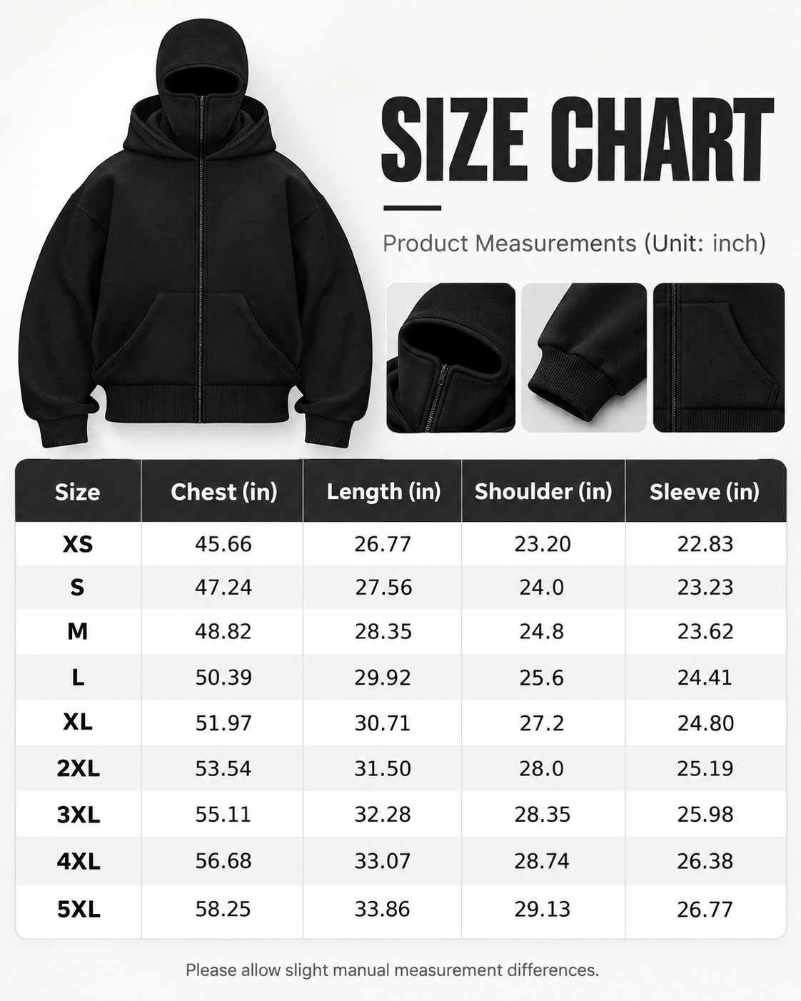 Size chart with chest, length, shoulder and sleeve in inches, XS through 5XL