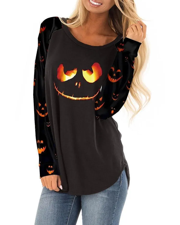 Halloween Pumpkin Face Print Long Sleeve Top