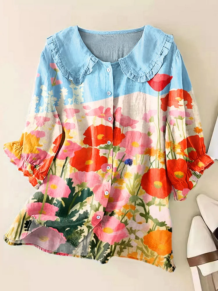 Women Vintage Flower Art Print Loose Peter Pan Collar Half Sleeve Blouses