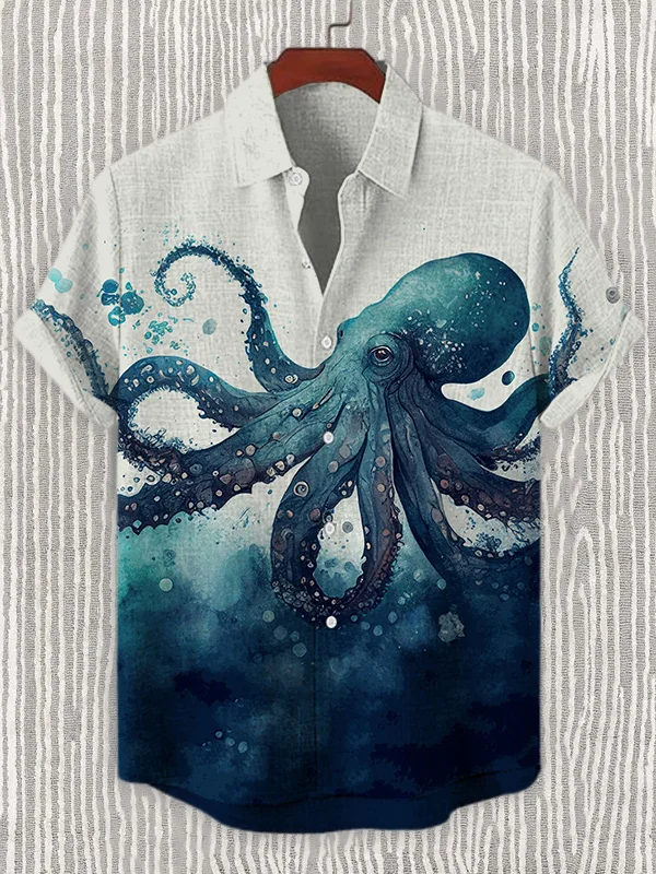 Men's Octopus Watercolor Art Print Linen Blend Shirt