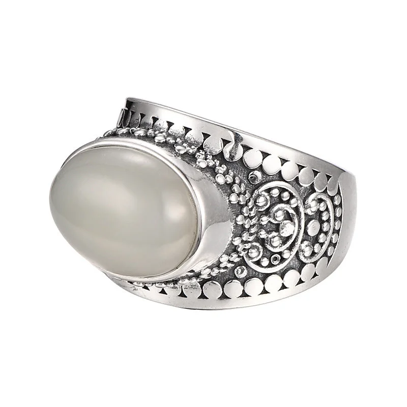 S925 Silver Malachite White Jade Vintage Adjustable Ring