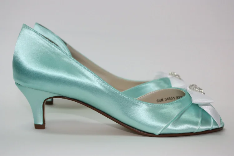Turquoise Rhinestone Bow Kitten Heel Satin Wedding Shoes Vdcoo