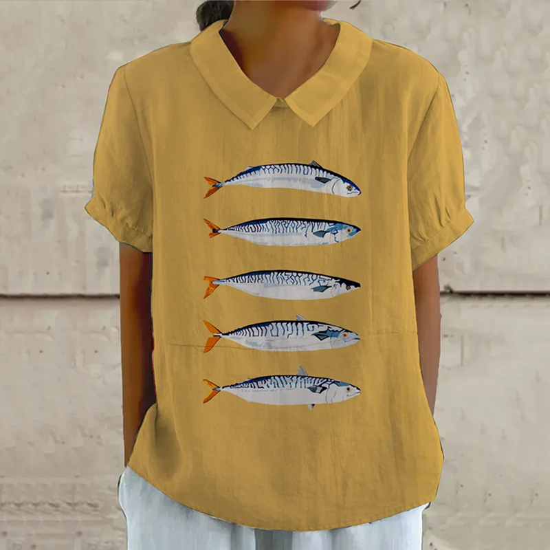 Vintage Sardines Fish Art Pattern Printed Casual Women's  Cotton Linen Shirt