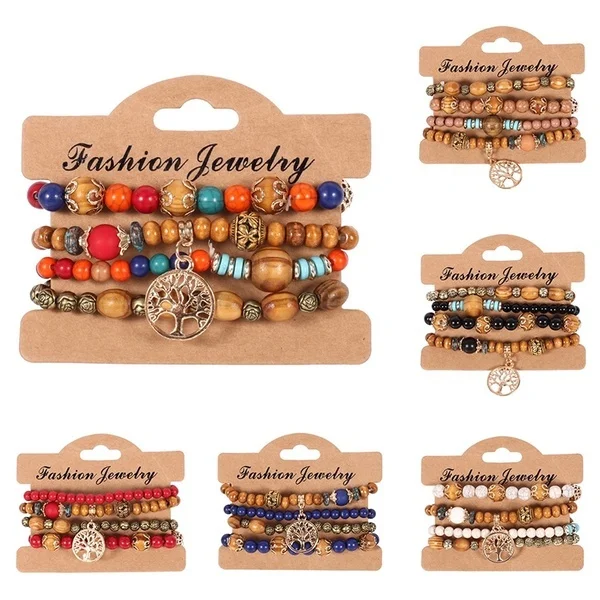 4pcs/set Wooden Beads Bracelet Multicolor Women Boho Bangles With Hollow-out Pendant