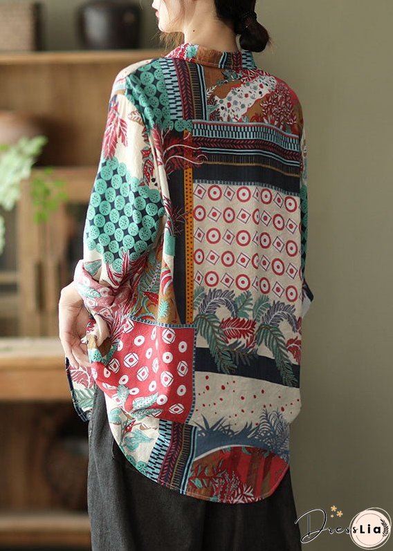 Red Patchwork Linen Shirts Peter Pan Collar Button Long Sleeve