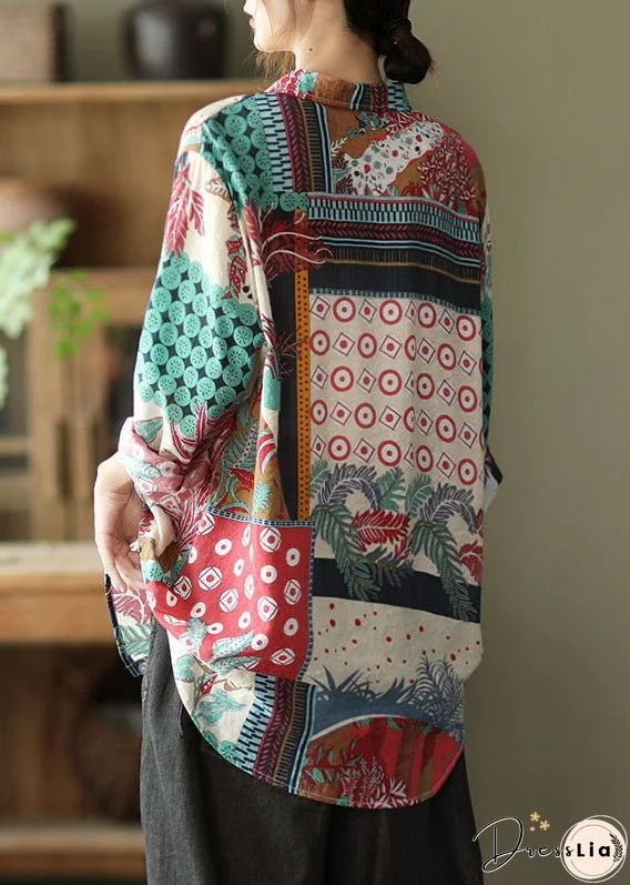 Red Patchwork Linen Shirts Peter Pan Collar Button Long Sleeve