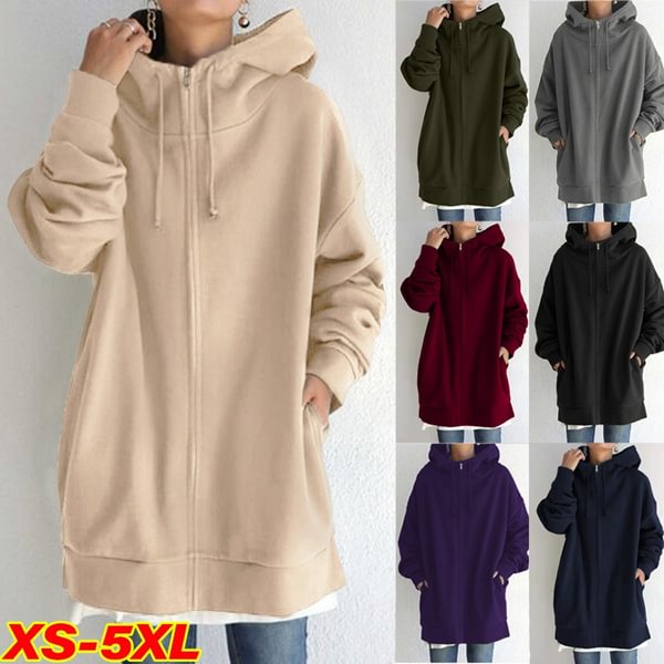 Women's Spring And Autumn Fashion Thin Zipper Hoodie Jacket Casual Long-Sleeved Sweatshirt Personality Street Long Sweater Plus Size Xs-5Xl - Shop Trendy Women's Fashion | TeeYours