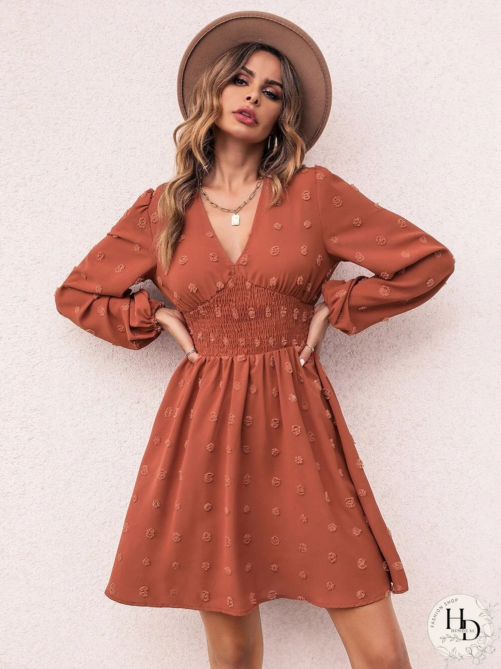 Women's Long-sleeved Dress Spring And Autumn V-neck Polka Dot Jacquard High Waist Slim A-line Large Swing Beach Dress