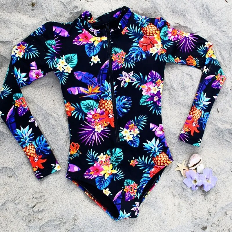 Long Sleeve Print Floral 2021 New One Piece Swimsuit Swimwear Women Zipper Bathing Suit Retro Swimsuit Vintage Surfing Swim Suit