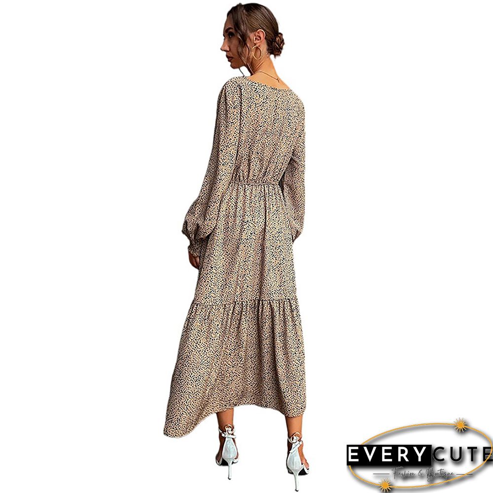 Khaki Leopard Ruffle Detail Long Sleeve Maxi Dress