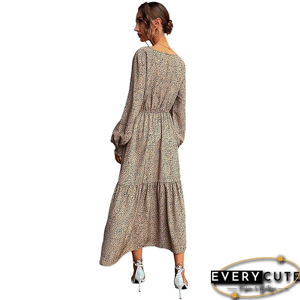 Khaki Leopard Ruffle Detail Long Sleeve Maxi Dress