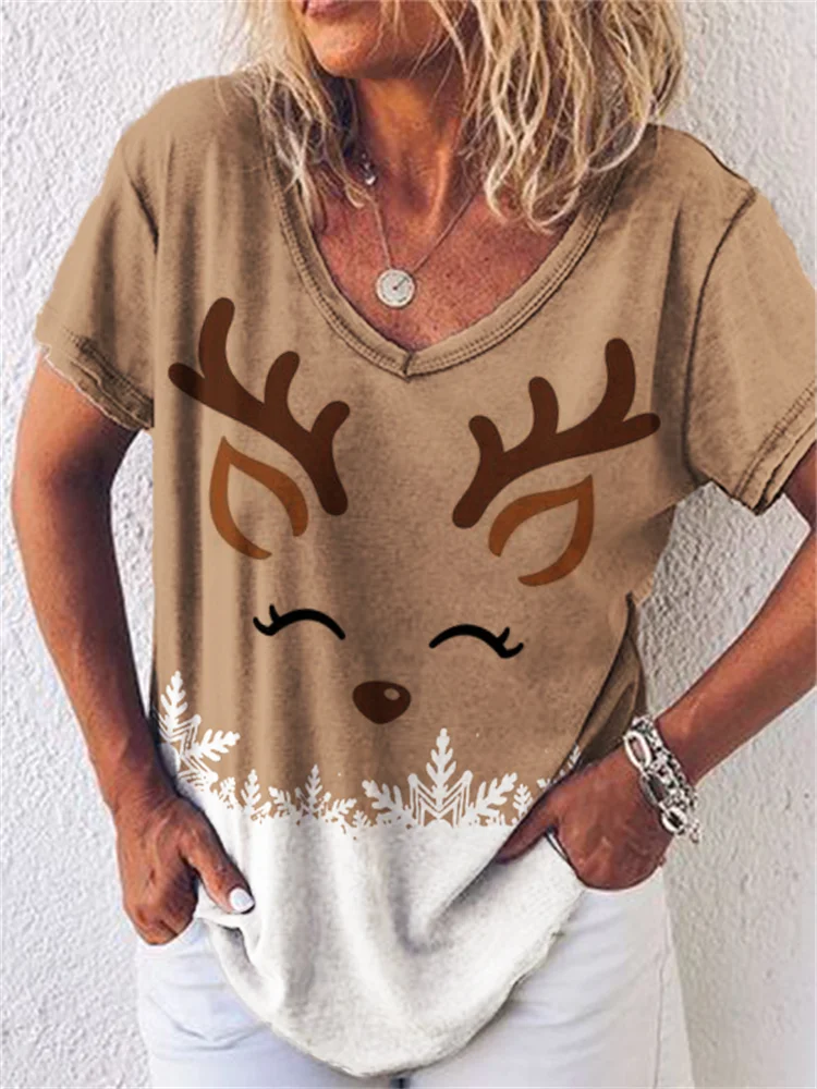 Wearshes Christmas Snowflake Elk Print V Neck T Shirt