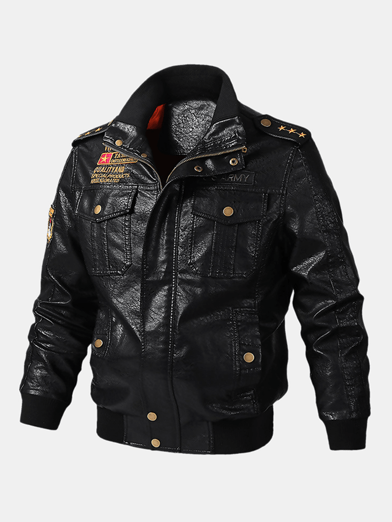 Mens PU Leather Badge Zip Front Biker Jackets with Flap Pockets