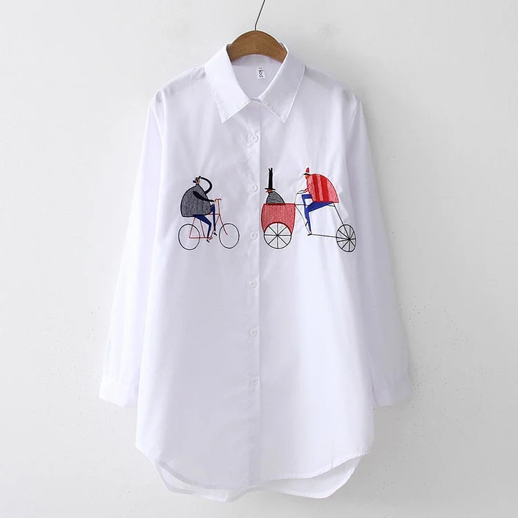 2022 New White Shirt Casual Button Up Turn Down Collar Female Blouse Long Sleeve Cotton Blouse Embroidery Blouse Lady 5083 50