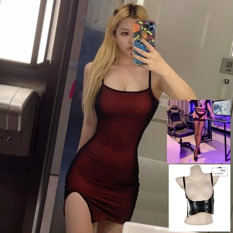 Churchf Large-Size Sexy Slings Summer Bar Boobs Tective Yarn Sling Skirt Inside The Bottom Open Fork Tight Dress