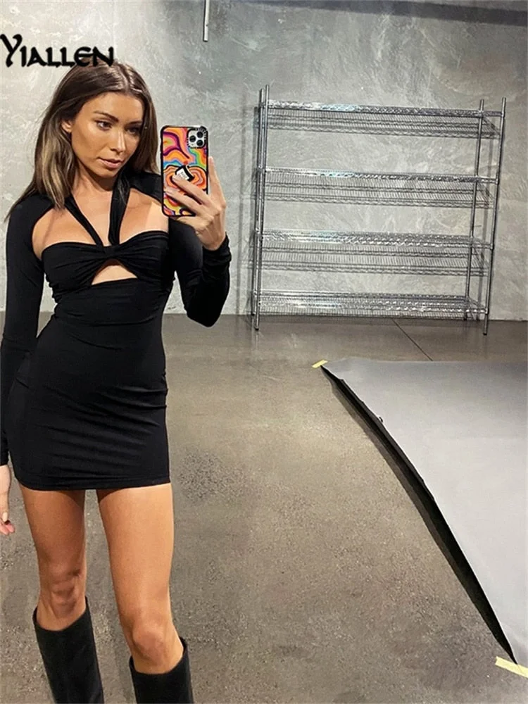 Yiallen Summer Fashion Sexy Hollow Out Long Sleeve Halter Solid Mini Dress New Casual Skinny Stretch Streetwear Women Y2K Dress