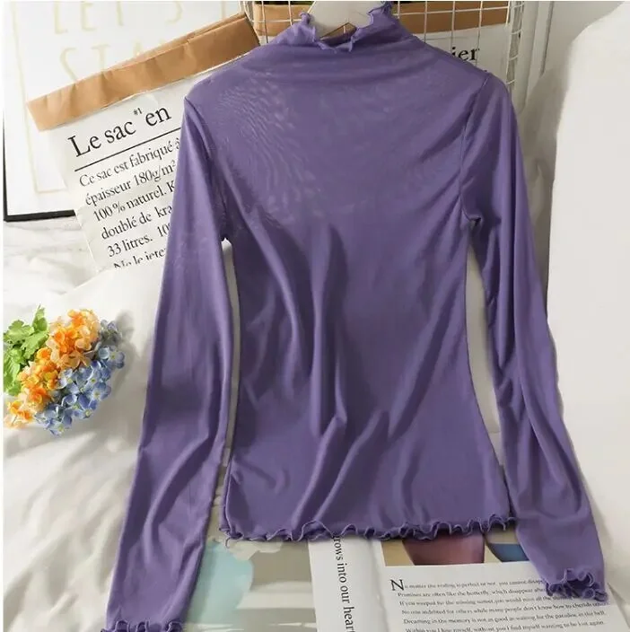 Zingj T Shirts Women Transparent Tops Long Sleeve Slim Turtleneck Stretchy T-Shirt Autumn Tees