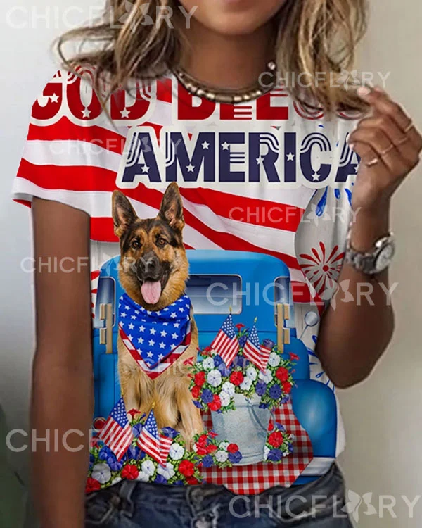 Women's German Shepherd 4th of July Flag Independence Day God Bless America Flag Top