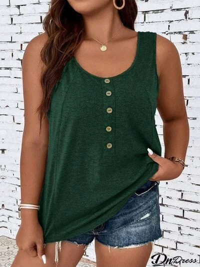 Plus Size Decorative Button Round Neck Tank