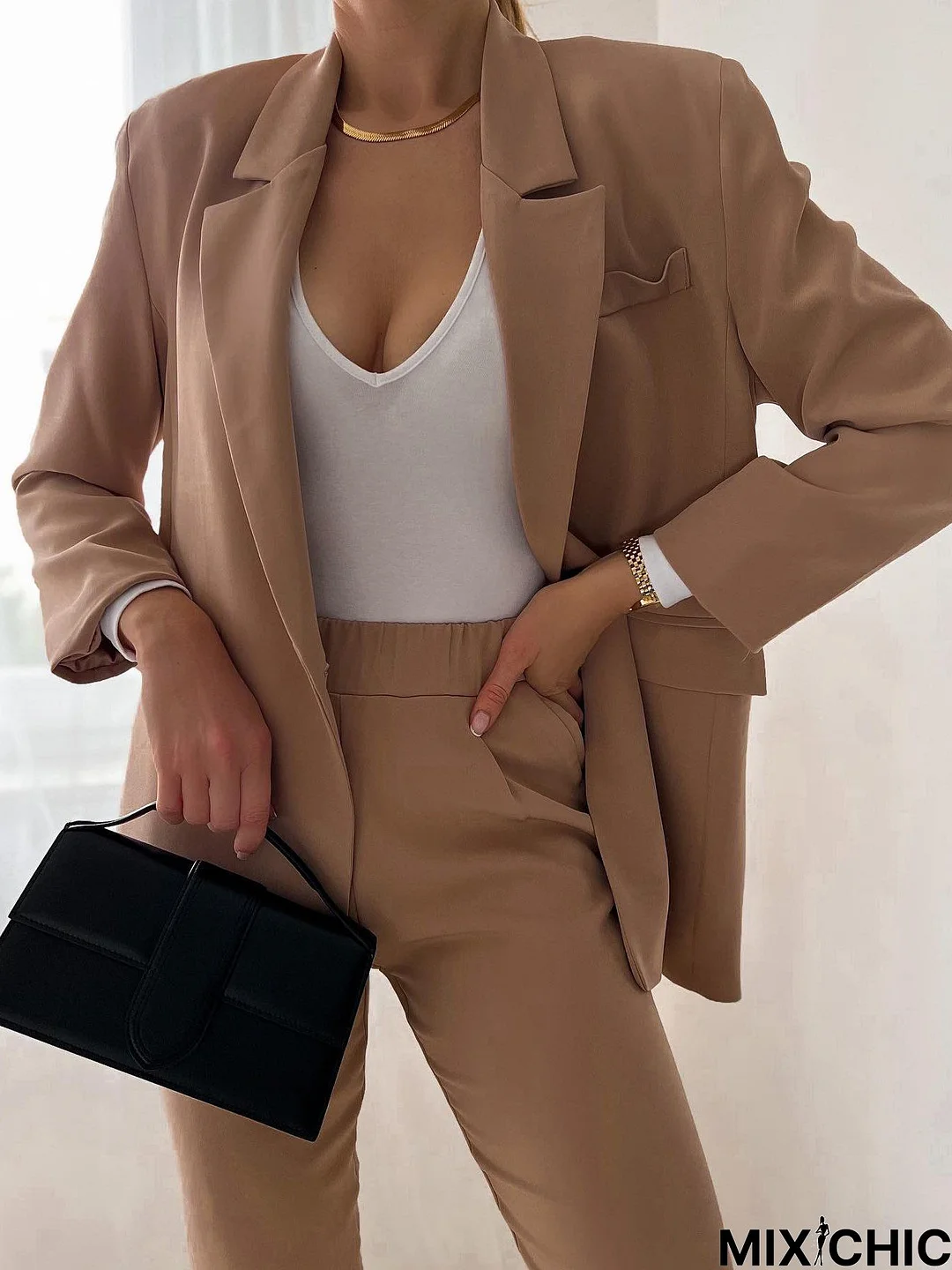 Casual Plain Lapel Collar Loose Blazer