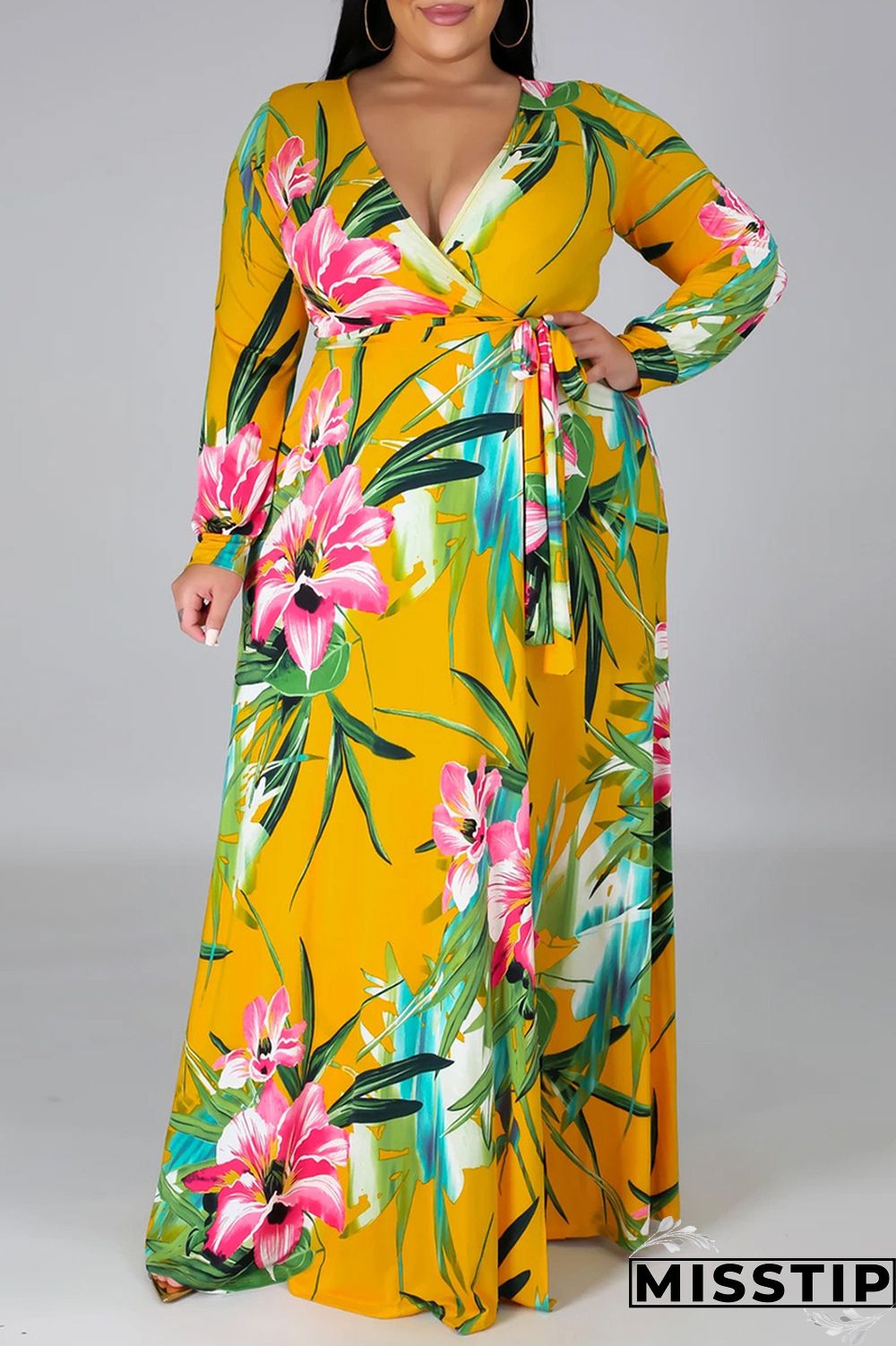 Black Fashion Casual Print Bandage Slit V Neck Long Sleeve Plus Size Dresses