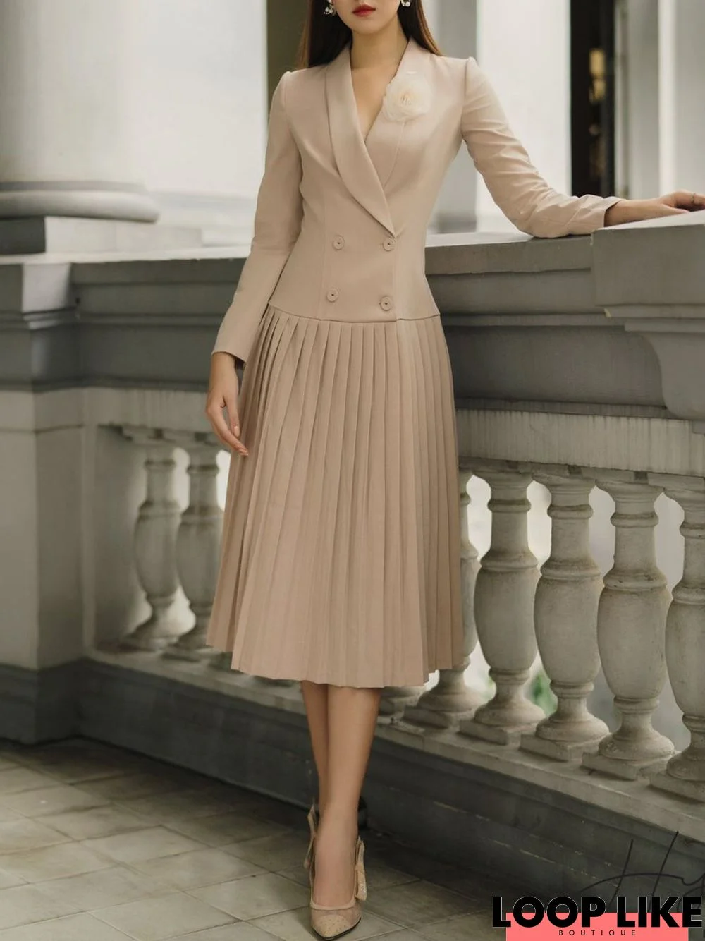 Long sleeve Elegant Shawl Collar Midi Dress