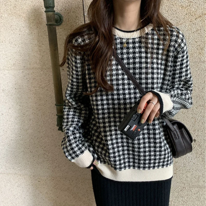 Pullovers Women Plaid Knitted O-neck Loose Preppy Style Students Sweet Korean Stylish Chic Leisure Tops Harajuku Female Sweaters