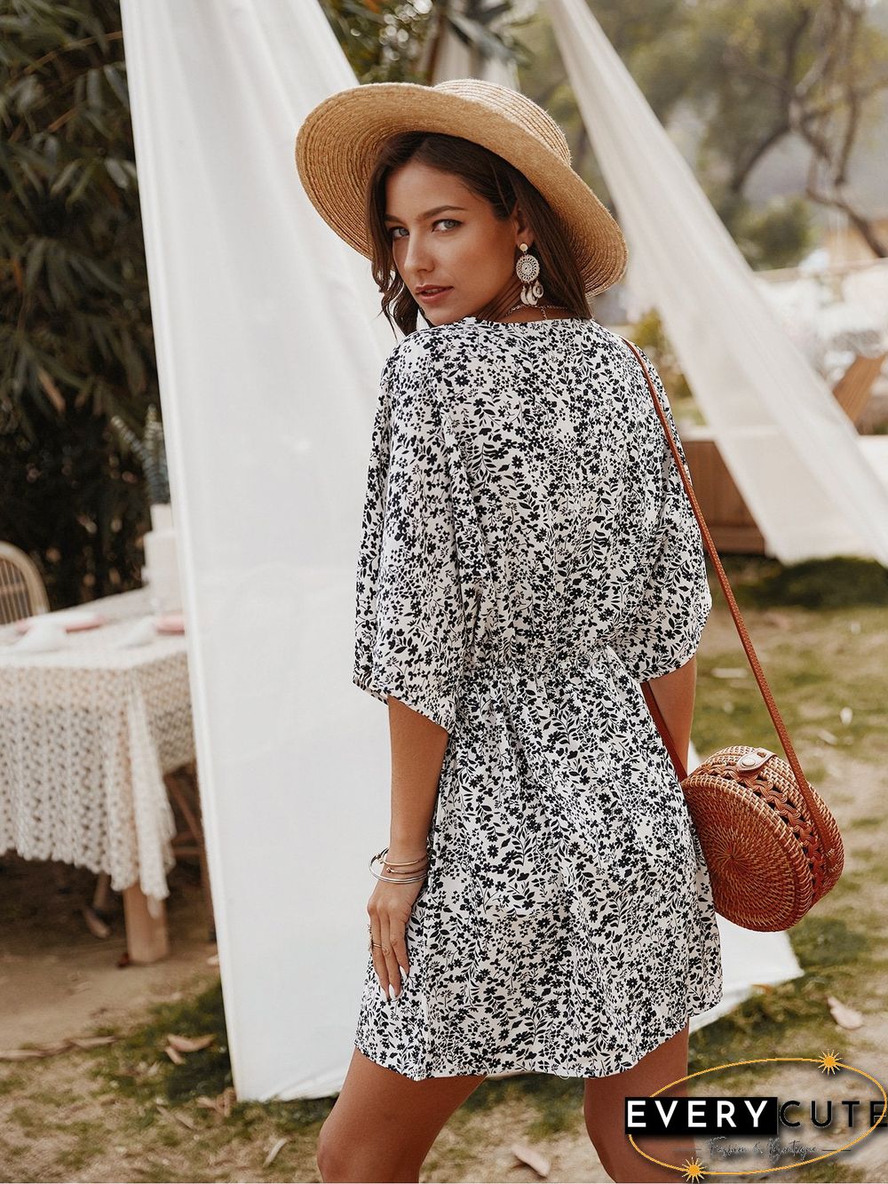 Floral V-Neck Half Sleeve Mini Dress