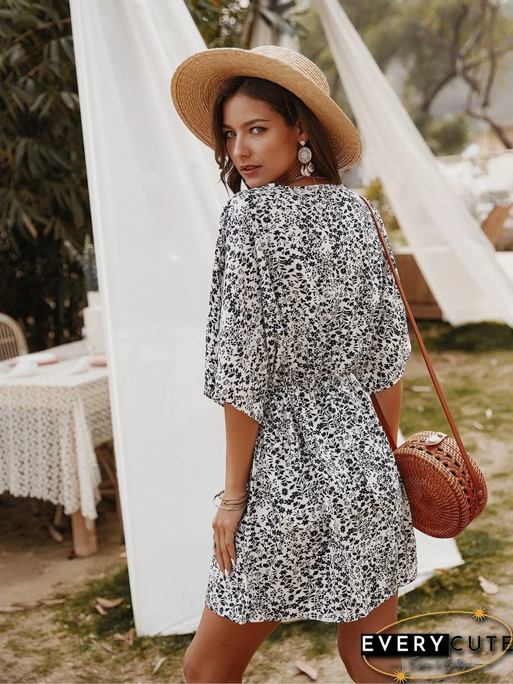 Floral V-Neck Half Sleeve Mini Dress