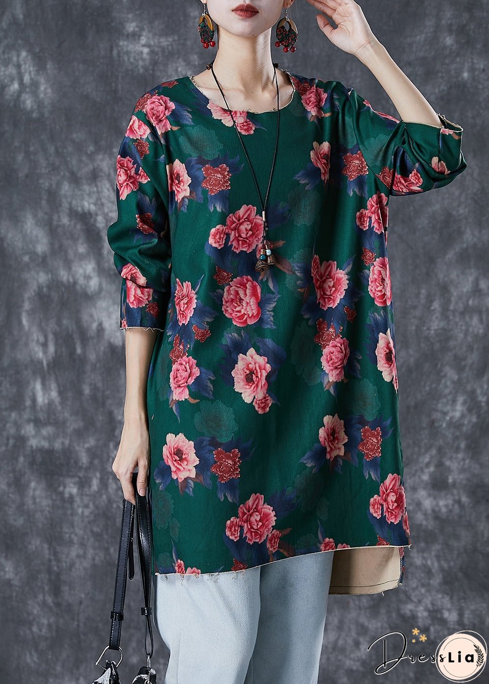 Green Floral Print Linen Mini Dress Side Open Fall