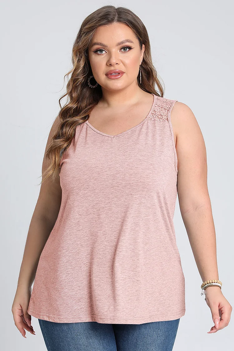 Plus Size Lace Stitching Solid Tank Top  Flycurvy [product_label]