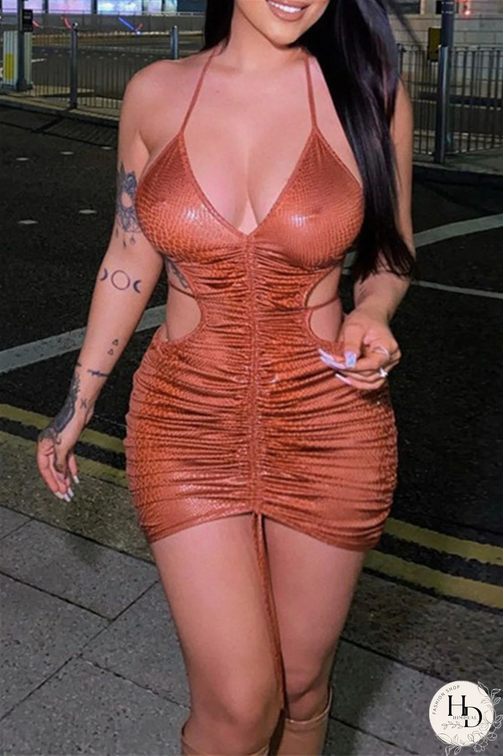 Brown Sexy Solid Bandage Draw String Backless Halter Sling Dress