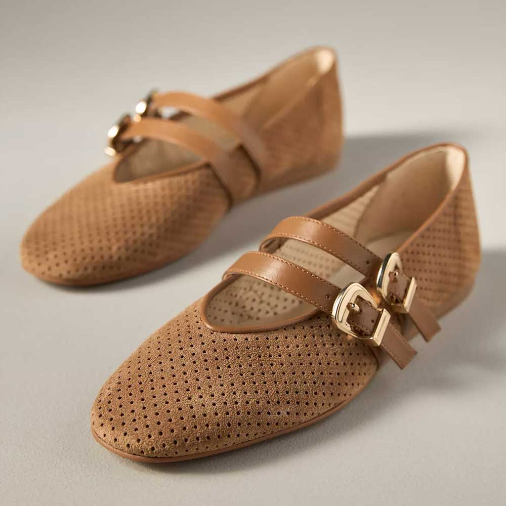 Women's Tan Perforated Round Toe Buckle Ballet Flats with Straps Nicepairs