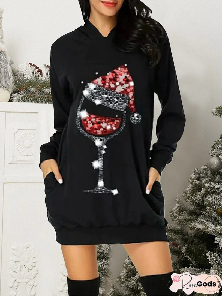 Christmas Red Wine Glass Hoodie Casual Dresses