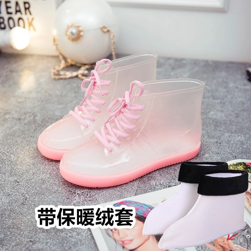 Jelly Transparent Anti-Slip Fashion Waterproof Shoes Rainshoes Rain Boots Shoe Cover Woolen Cotton Rubber Boots Female Short